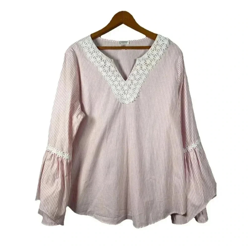 Spence Pink White Striped Top 3/4 Sleeve Floral Lace‎ Embellished Blouse Size L